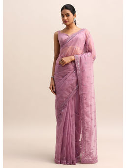 KALKI FASHION - Onion Pink Organza Beads and Sequin Work Pre-Draped Saree with Unstitched Blouse