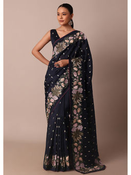 KALKI FASHION - Stunning Navy Blue Semi Tusshar Silk Pre-Draped Saree with Unstitched Blouse