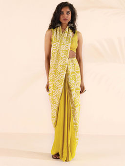 trueBrowns - Lime Muslin Ikat Pre-Drape Saree Without Blouse