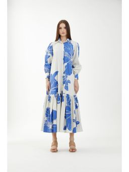 KoAi - White and Blue Floral Single Tier Dress