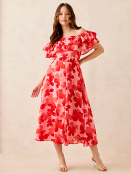 Outzidr - Red Off Shoulder Midi Casual Dress