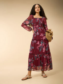 Outzidr - Maroon Full Sleeve Fit and Flare Dress