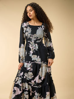 Outzidr - Black Full Sleeve Fit and Flare Dress