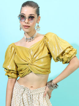 VISHUDH - Yellow Polyester Self Design Crop Top