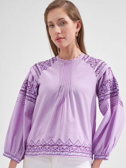 VISHUDH - Lavender Cotton Blend Embroidered Top