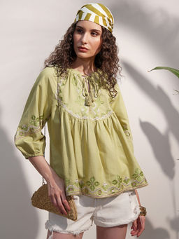 VISHUDH - Green Viscose Rayon Embroidered Top