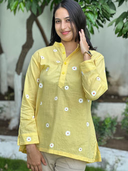 October - Yellow Pure Cotton Hand-Painted Kurti