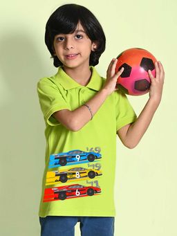 Nusyl - Cars Printed Lime Green Boys Polo T-Shirt