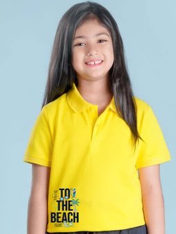 Nusyl - Beach Printed Bright Yellow Girls Polo T-Shirt