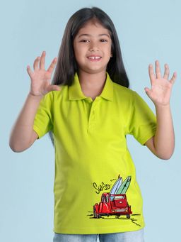 Nusyl - Car Printed Lime Green Girls Polo T-Shirt