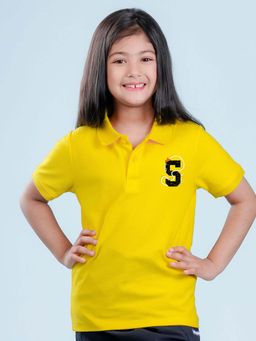 Nusyl - Number 5 Printed Bright Yellow Girls Polo T-Shirt
