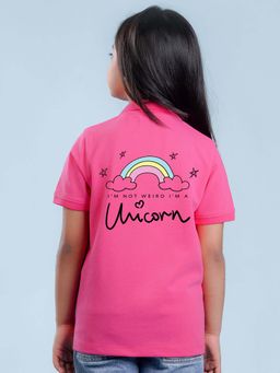 Nusyl - Unicorn Printed Bubblegum Pink Polo Girls T-Shirt