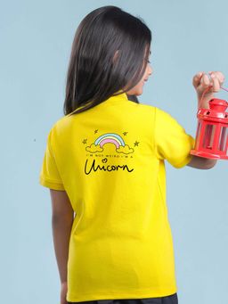 Nusyl - Unicorn Printed Bright Yellow Polo Girls T-Shirt