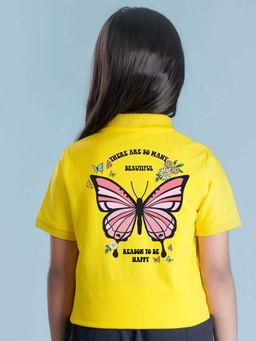 Nusyl - Butterfly Printed Bright Yellow Polo Girls T-Shirt