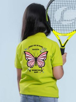 Nusyl - Butterfly Printed Lime Green Polo Girls T-Shirt