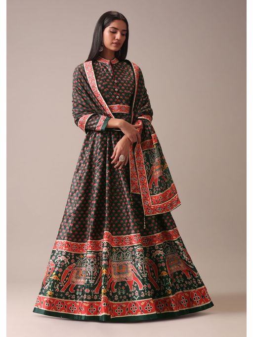 Buy KALKI FASHION Bottle Green Printed Anarkali Suit In Tussar Silk (Set of  3) Online