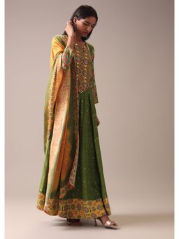 KALKI FASHION - Green Indie Print Anarkali Suit In Art Silk (Set of 3)