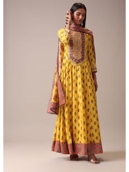 KALKI FASHION - Mustard Yellow Floral Printed Anarkali Suit In Art Silk (Set of 3)