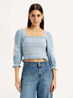 Levi's - Women Embroidered Light-Blue Square Neck Top