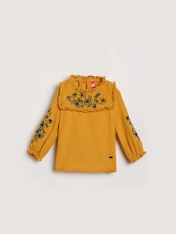 Blue Giraffe - Girls Yellow Embroidered Round Neck Top
