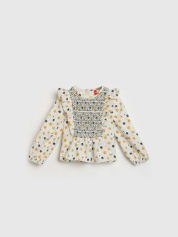 Blue Giraffe - Girls White Floral Printed Round neck Top