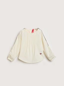 Blue Giraffe - Girls Cream Solid Round Neck Top