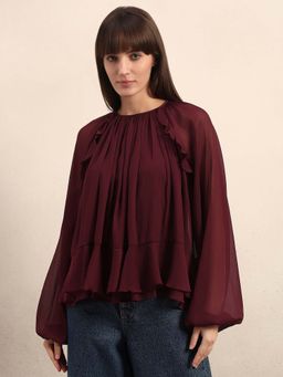 VERO MODA - Women Maroon Ruffle Top