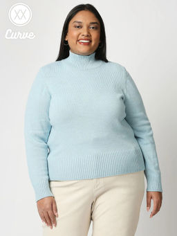 Twenty Dresses by Nykaa Fashion - Curve Blue Solid Turtle Neck Sweater