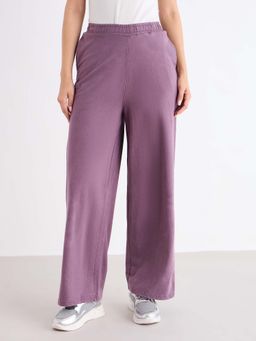Styli - Women Purple Terry Wide Leg Solid Trackpant