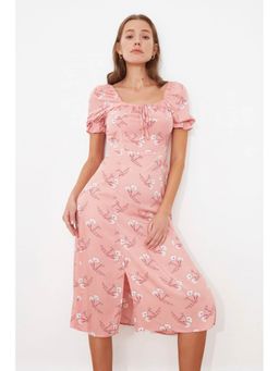 Trendyol - Pink Floral Puff Sleeve Milk Maid Midi Dress (UK 12)