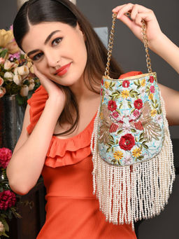 Odette - Blue Shade Embroidered Structural Tassel Potli