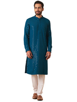 Manyavar - Blue Viscose Embroidery Kurta with Pencil Pyjama (Set of 2)