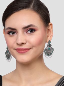 Karatcart - Antique Silver Plated Green Monalisa Stone Studded Dangler Earrings for Women