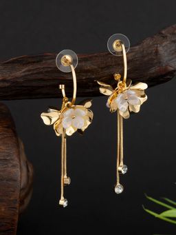 E2O - Gold-Toned Plated American Diamond Studded Floral Dangler Earrings