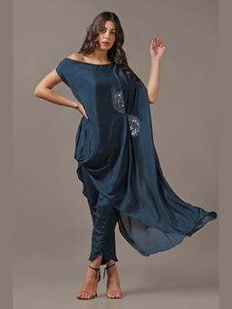 "Two Sisters" by Gyans - Teal One Shoulder Drape Co-ord Set