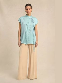 NEORA BY NEHAL CHOPRA - Tropical Breeze Bemberg Blue High Neck Top