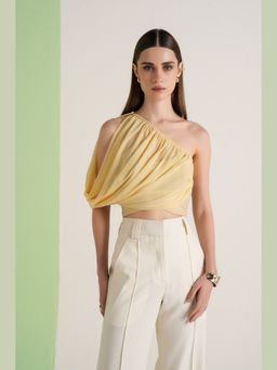 The Dapper Lady - Lemon Drape Solid One Shoulder Crop Top