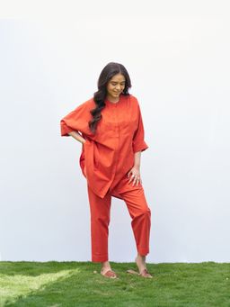 Vaaya - Orange Cotton Solid/Plain Top with Pant Co-ord Set