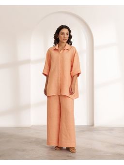 Vaaya - Peach Linen Solid/Plain Shirt with Pant Co-ord Set