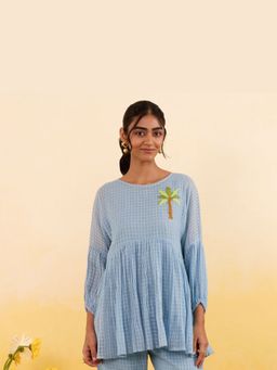 Taro India - Sky Grid Round Neck Pure Cotton Regular Top