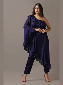 "Two Sisters" by Gyans - Navy Blue One Shoulder Frilled Top With Pant