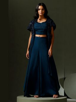 "Two Sisters" by Gyans - Midnight Blue Power Sleeve Blouse With Pant and Cape