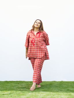 Vaaya - Orange Cotton Checks Shirt with Pant Co-ord Set