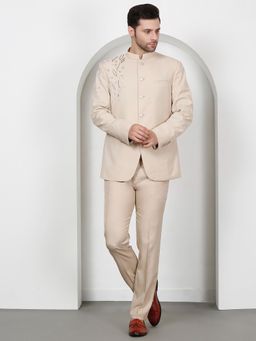 Aham-Vayam - Men's Cotton Blend Solid Beige Bandhgala and Pant