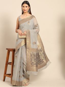 Akhilam - Womens Silk Blend Grey Woven Design Designer Saree with Unstitched Blouse