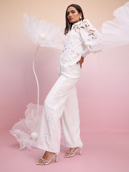 RSVP by Nykaa Fashion - White Solid High Waist Lace Panel Trousers