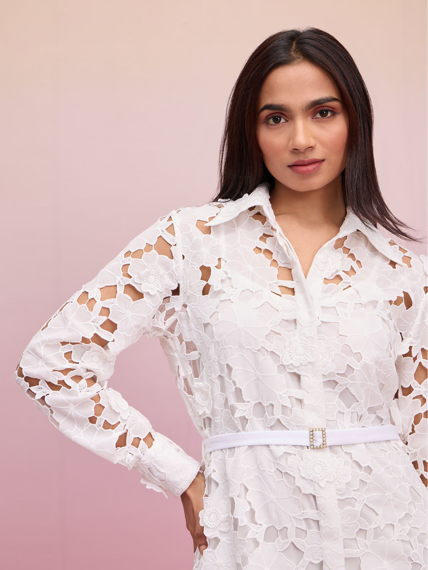 Buy RSVP by Nykaa Fashion White Full Sleeves 3D Floral Lace Short