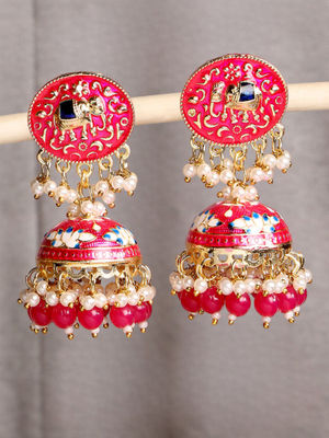 Buy OOMPH Rani Pink Jhumka Earrings Meenakari Elephant Design