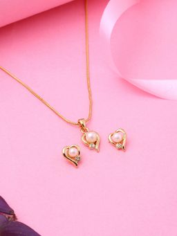 Estele - Gold Plated Heart Designer Necklace Set With Glowing Pearl For Women (Set of 2)