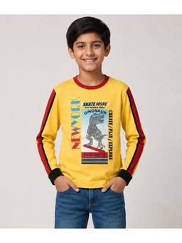 3PIN - Boys Cotton Printed Full Sleeve Mustard T-Shirt